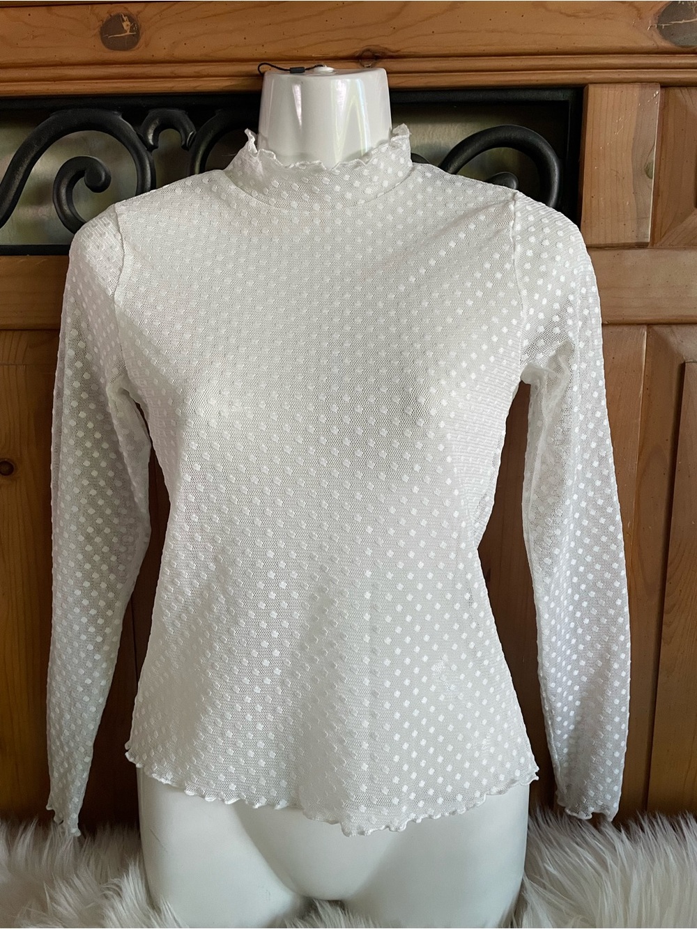 Ambiance White Swiss Dot Mock Ruffle Long-Sleeve Top